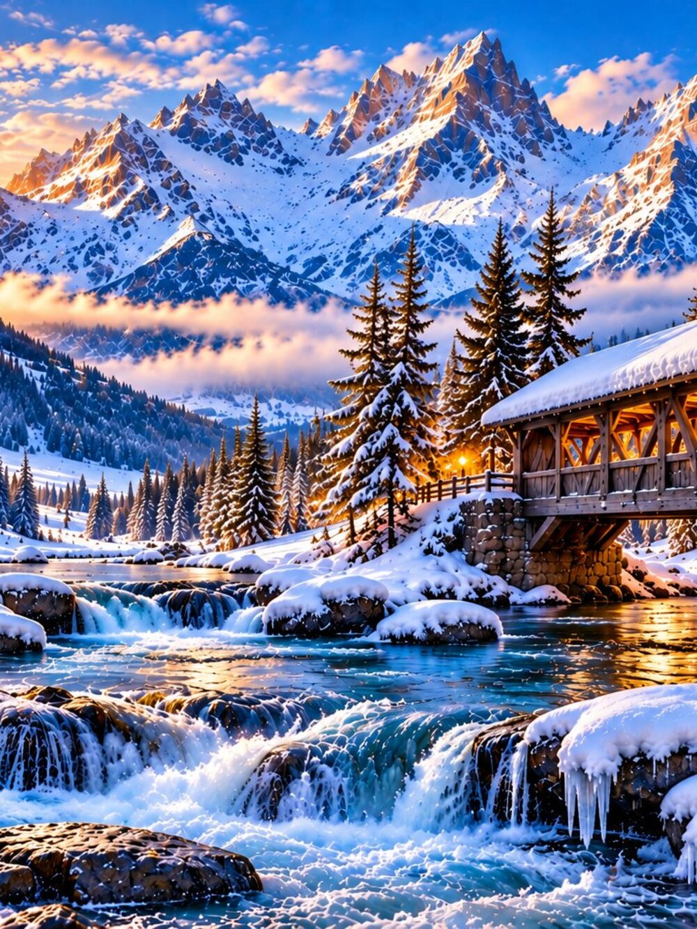 Winter Mountain Wall Art, Covered Bridge Snow Print